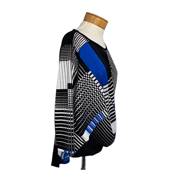 Chenault Geometric Kimono Blouse Size Small Keyhole Black White Long Sleeve - Picture 5 of 6